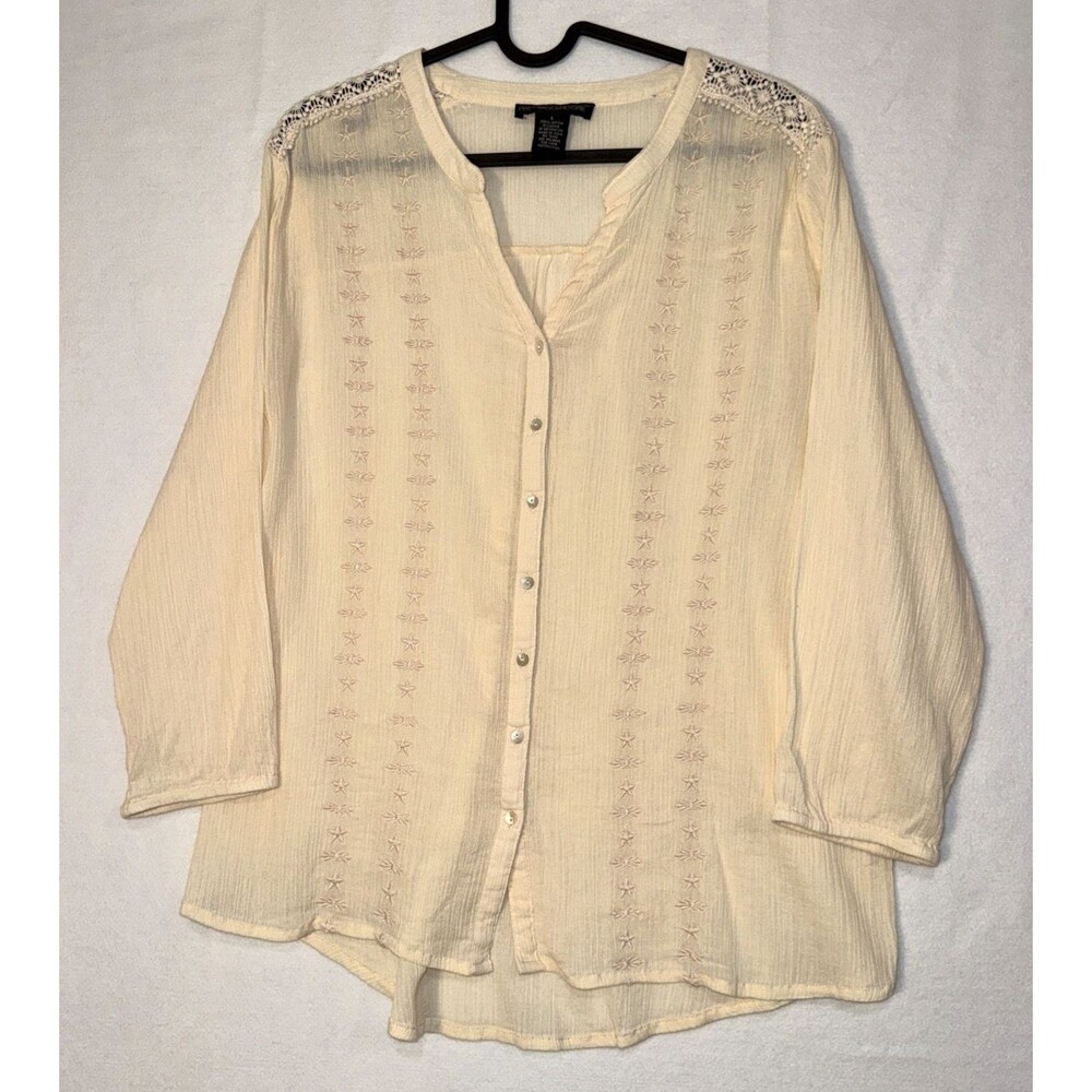 Preswick And Moore Butter Yellow Sheer Top LG Embroidered Cotton Beachy Peasant